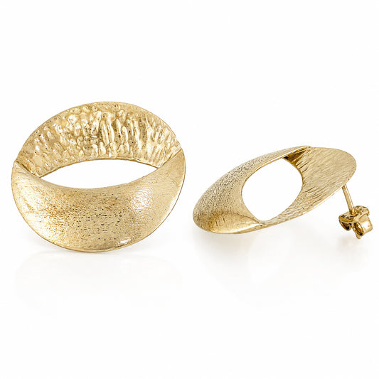 A pair of textured gold crescent-shaped hoop earrings on a clean white background, with one earring shown from the front and the other from the side displaying the post.