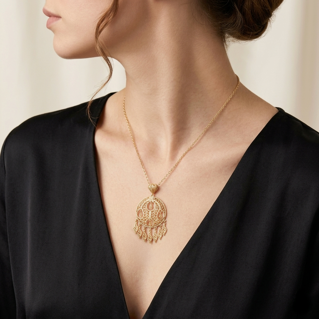 Gold Filigree Pendant Necklace Charm 18k Gold Over Bronze Large Statement Pendant Ottoman Style Jewelry