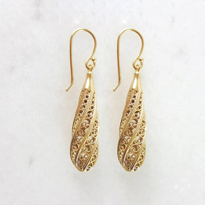 Long Swirl Filigree Drop Earrings with Twisted Pattern