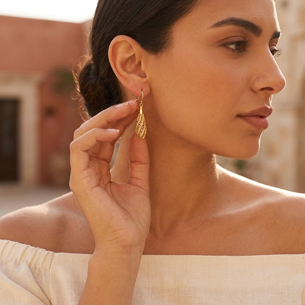 Long Swirl Filigree Drop Earrings with Twisted Pattern