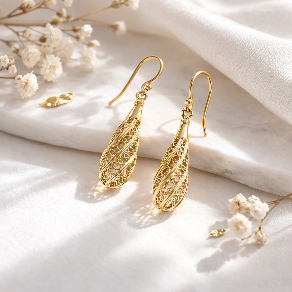 Long Swirl Filigree Drop Earrings with Twisted Pattern