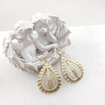 Teardrop Filigree Earrings with Textured Border - TurkishBling