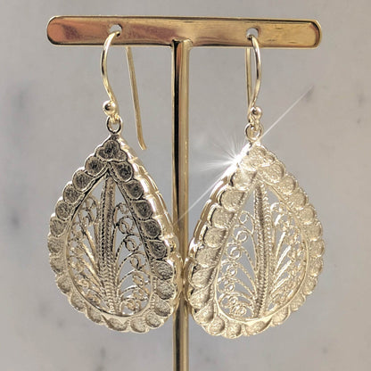 Teardrop Filigree Earrings with Textured Border - TurkishBling