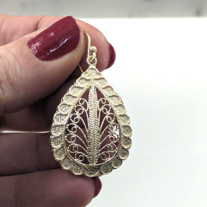 Teardrop Filigree Earrings with Textured Border - TurkishBling