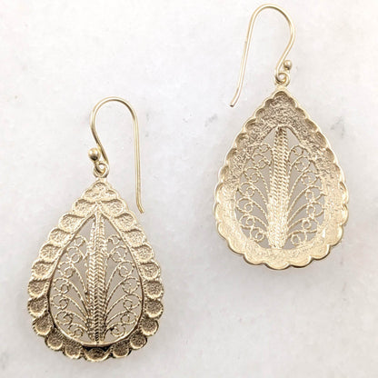 Teardrop Filigree Earrings with Textured Border - TurkishBling