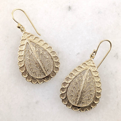 Teardrop Filigree Earrings with Textured Border - TurkishBling