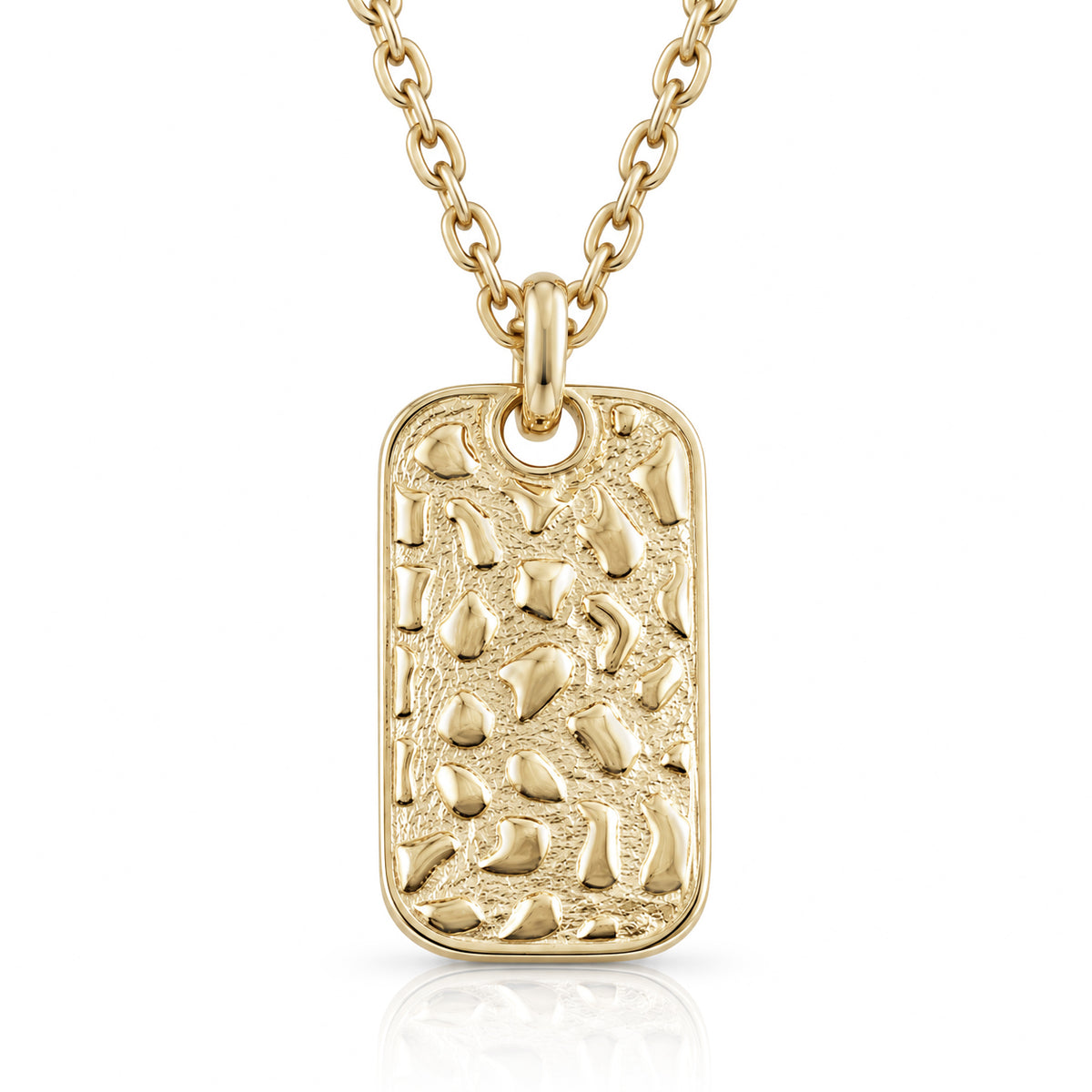 A gold rectangular dog tag pendant necklace with a textured, pebble-like raised pattern, hanging from a gold link chain on a white background.
