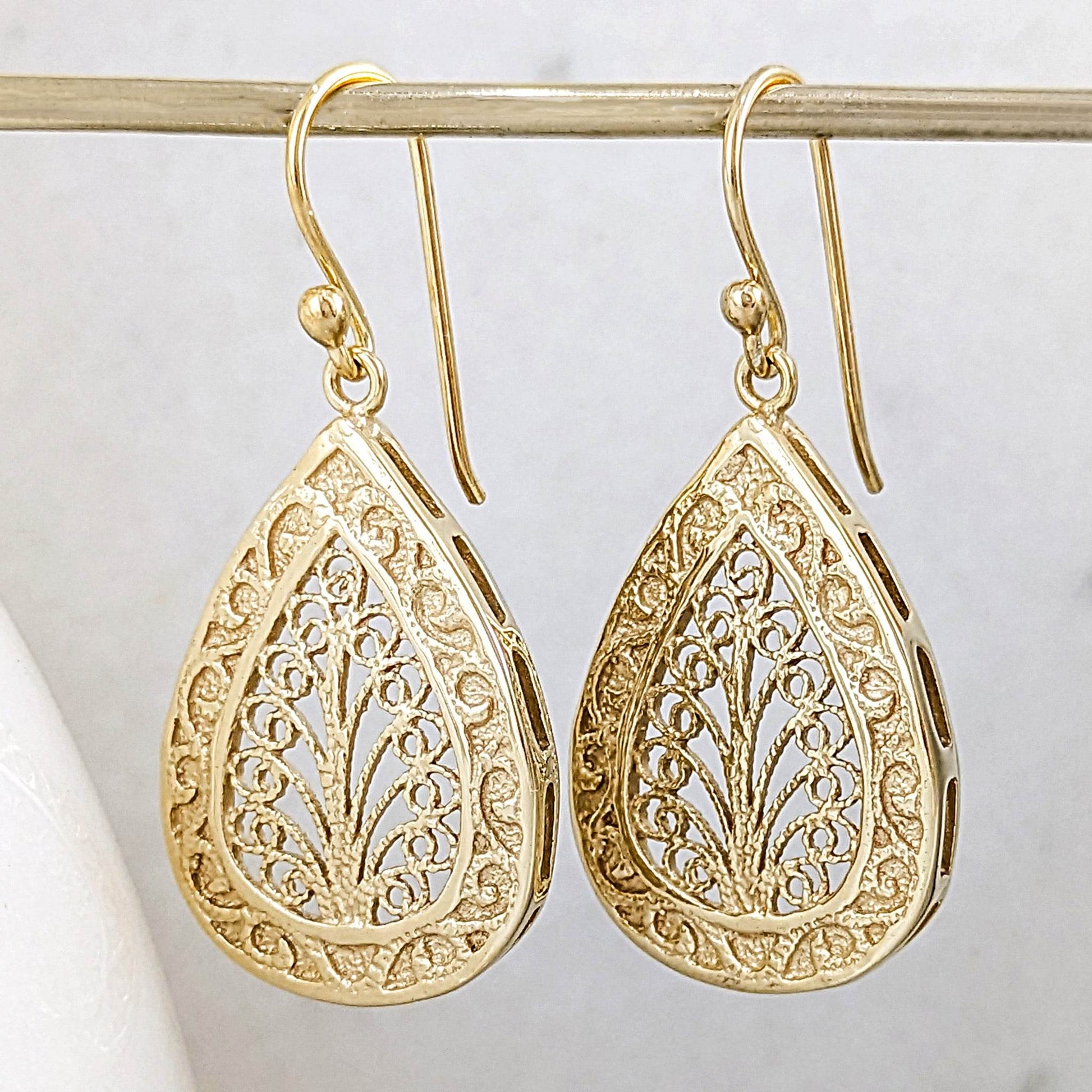 Teardrop Filigree Drop Earrings – Elegant Openwork Design - TurkishBling