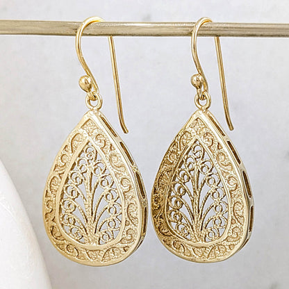 Teardrop Filigree Drop Earrings – Elegant Openwork Design - TurkishBling
