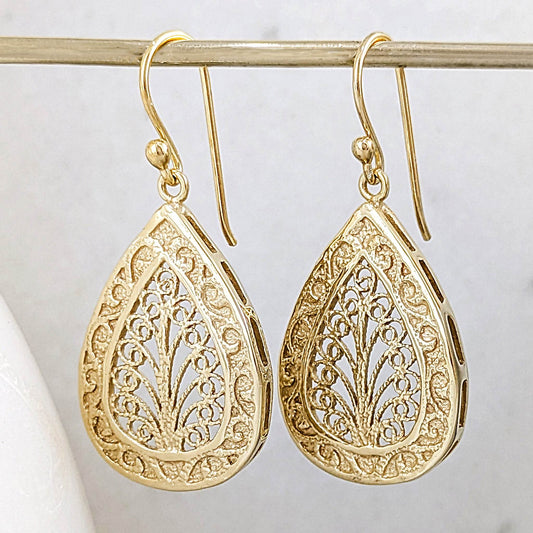 Teardrop Filigree Drop Earrings – Elegant Openwork Design - TurkishBling