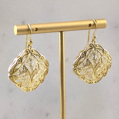 Ornate Filigree Dangle Earrings with Etruscan Detailed Borders - TurkishBling