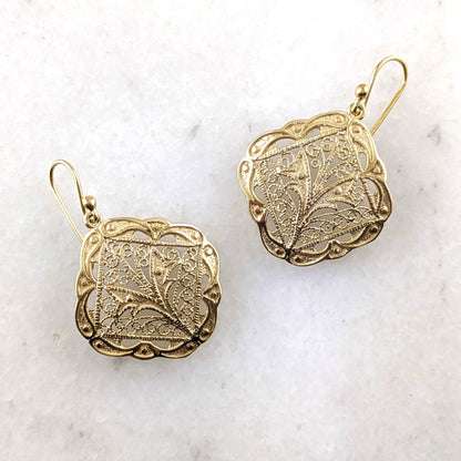 Ornate Filigree Dangle Earrings with Etruscan Detailed Borders - TurkishBling