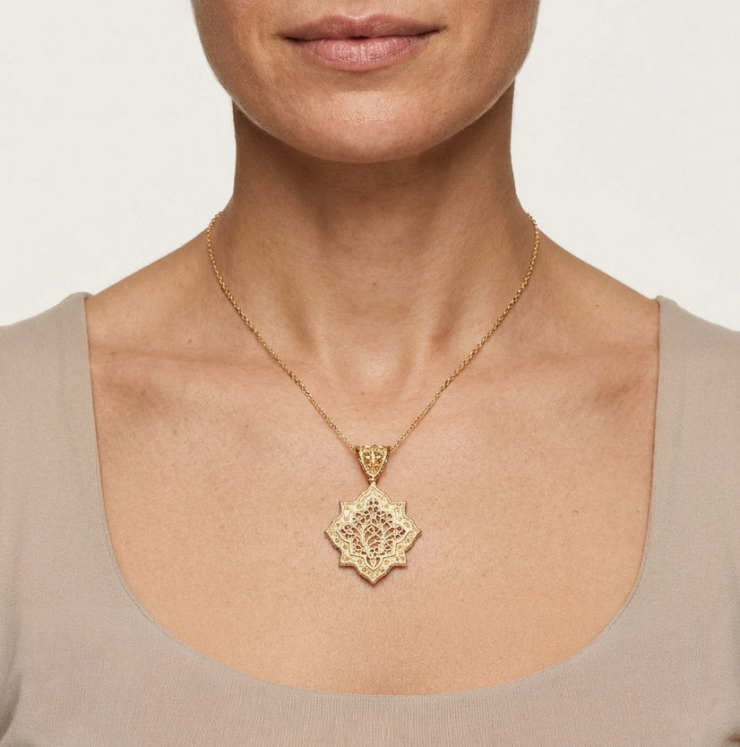 Ottoman Star Gold Pendant Filigree Charm 18k Gold Over Bronze Geometric Statement Pendant Turkish Jewelry