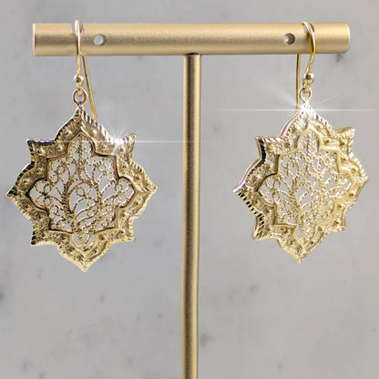 Filigree Geometric Oriental Design Gold Earrings - TurkishBling