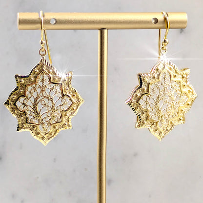 Filigree Geometric Oriental Design Gold Earrings - TurkishBling