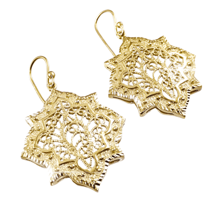 Filigree Geometric Oriental Design Gold Earrings - TurkishBling