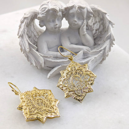 Filigree Geometric Oriental Design Gold Earrings - TurkishBling
