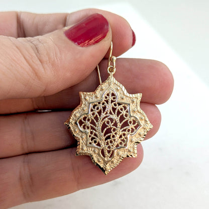 Filigree Geometric Oriental Design Gold Earrings - TurkishBling