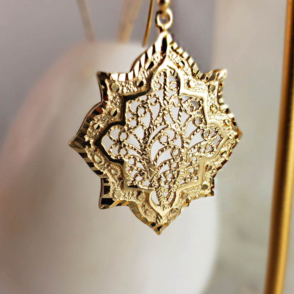 Filigree Geometric Oriental Design Gold Earrings