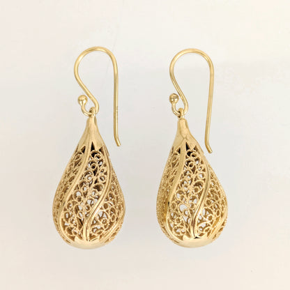 Gold Teardrop Filigree Drop Earrings – 18k Gold over Bronze