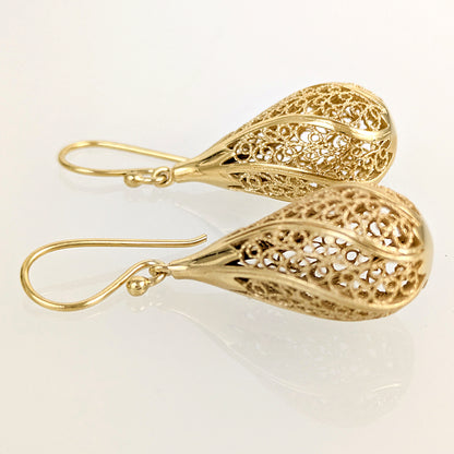 Gold Teardrop Filigree Drop Earrings – 18k Gold over Bronze