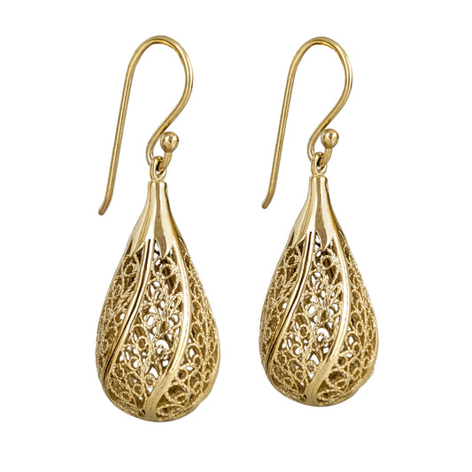 Gold Teardrop Filigree Drop Earrings – 18k Gold over Bronze