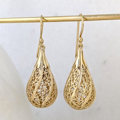 Gold Teardrop Filigree Drop Earrings – 18k Gold over Bronze
