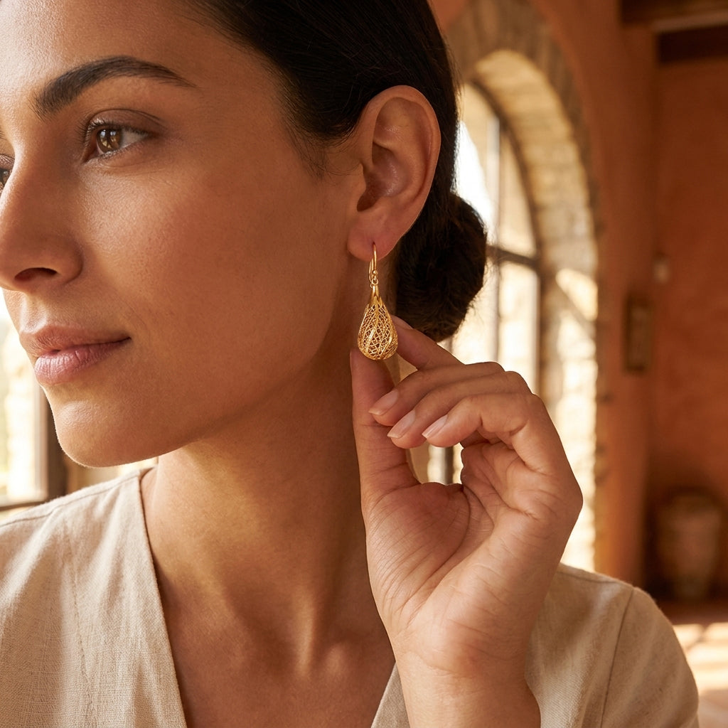 Gold Teardrop Filigree Drop Earrings – 18k Gold over Bronze