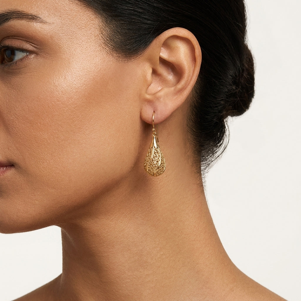 Gold Teardrop Filigree Drop Earrings – 18k Gold over Bronze
