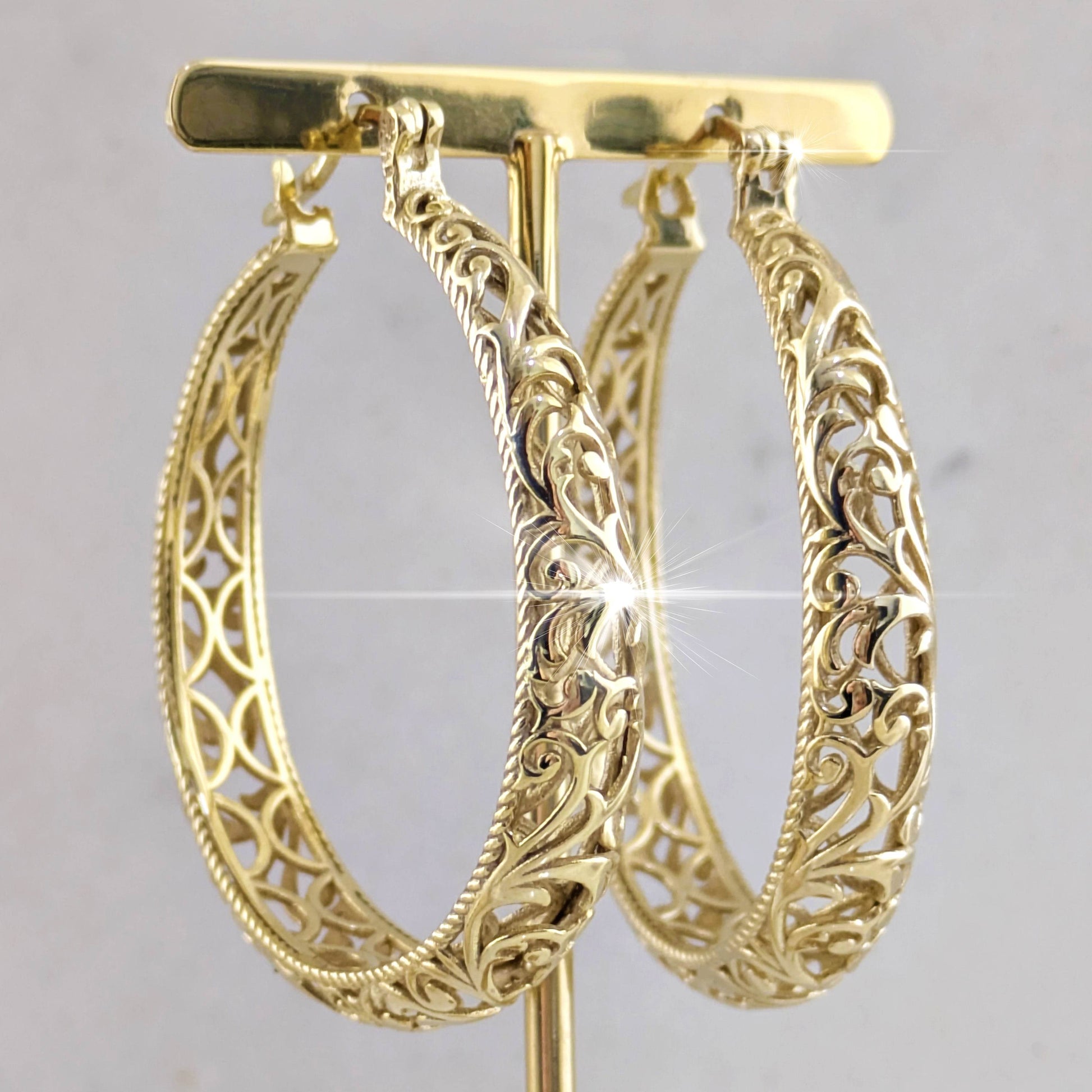 Large Graduated Hoop Earrings with Scrollwork Detailing – 35mm Design - TurkishBling