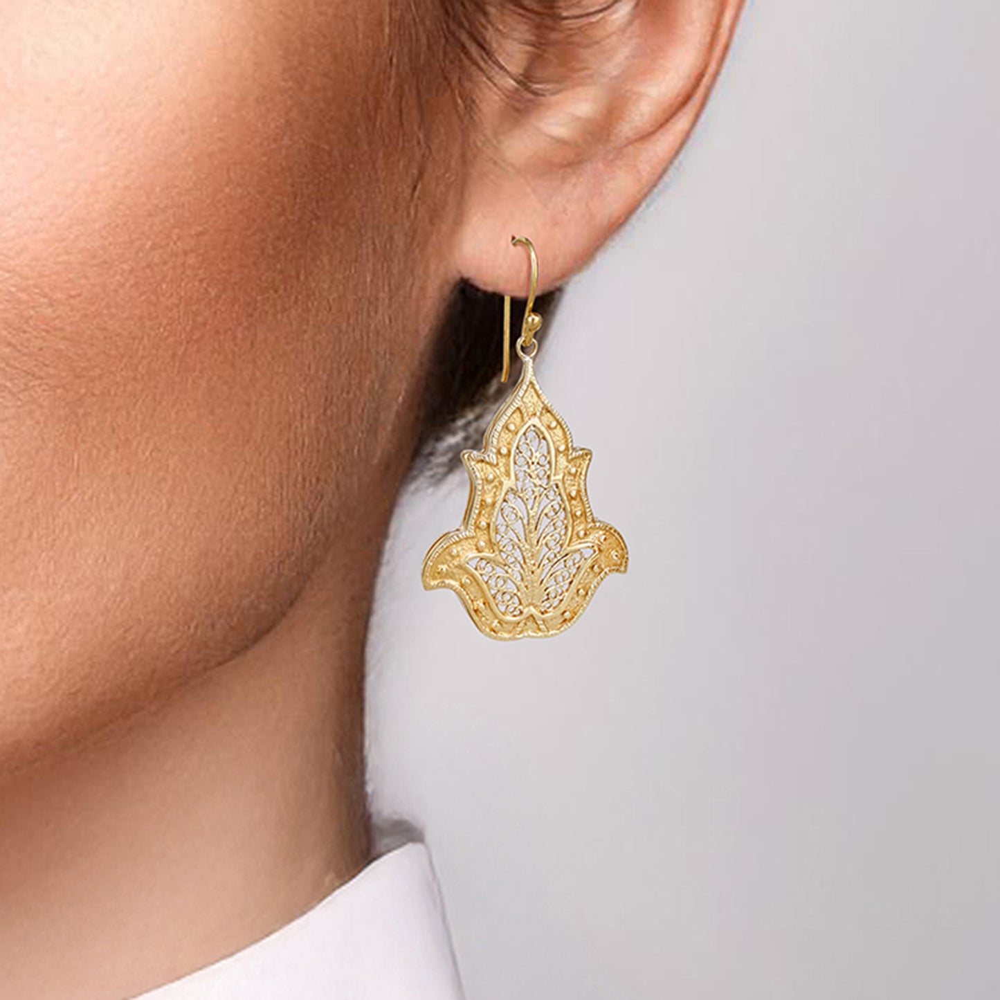 Ornate Filigree Dangle Earrings with Floral Tulip Motif