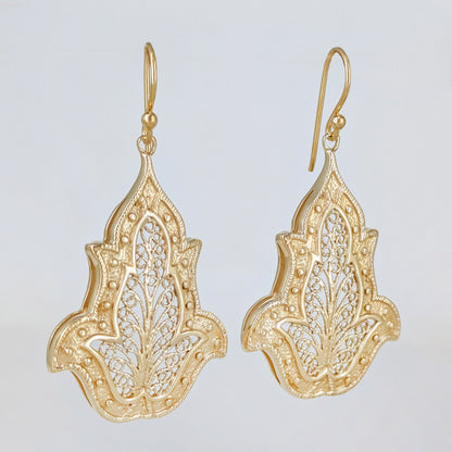 Ornate Filigree Dangle Earrings with Floral Tulip Motif