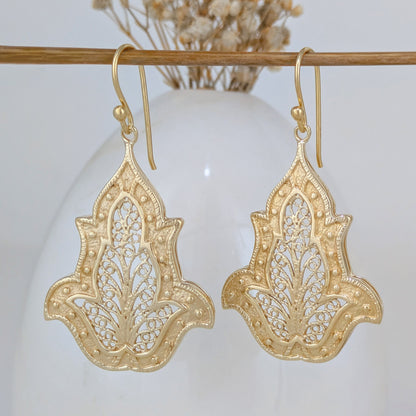 Ornate Filigree Dangle Earrings with Floral Tulip Motif