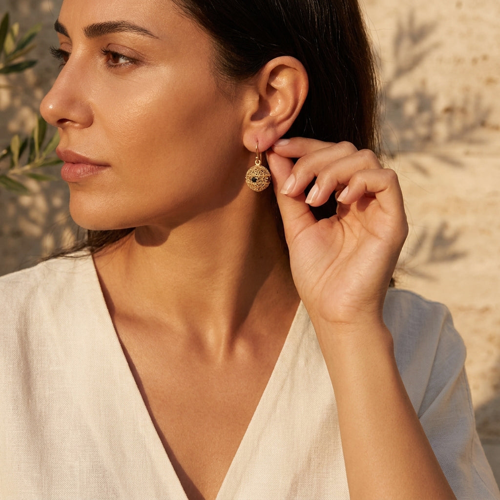 Scrollwork Ball Earrings with Black Spinels