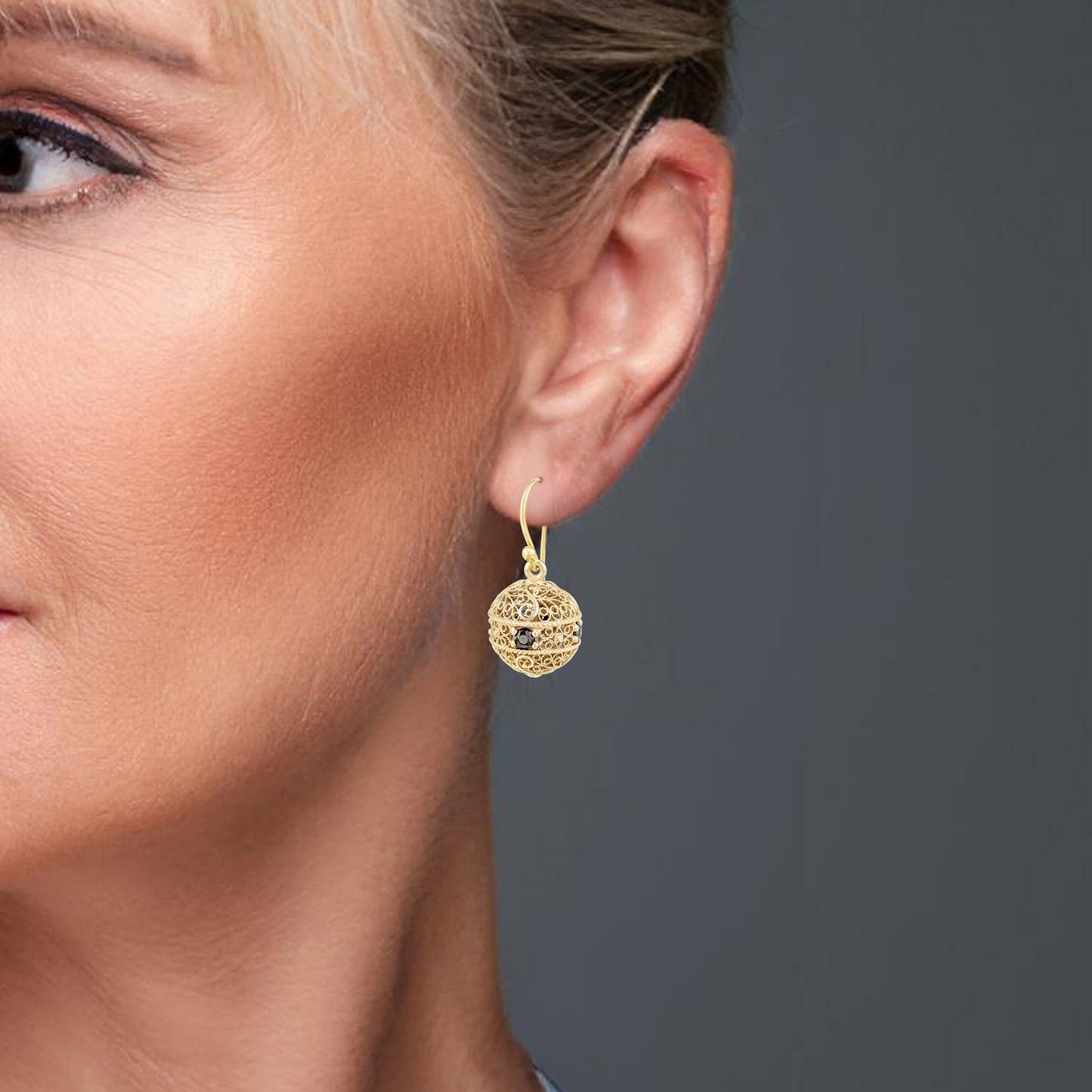 Scrollwork Ball Earrings with Black Spinels