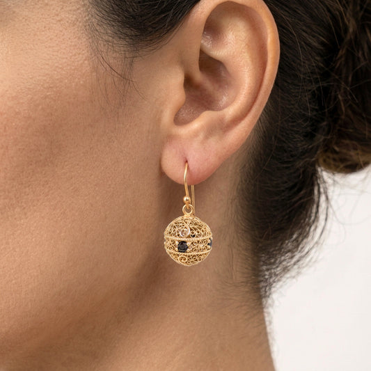 Scrollwork Ball Earrings with Black Spinels