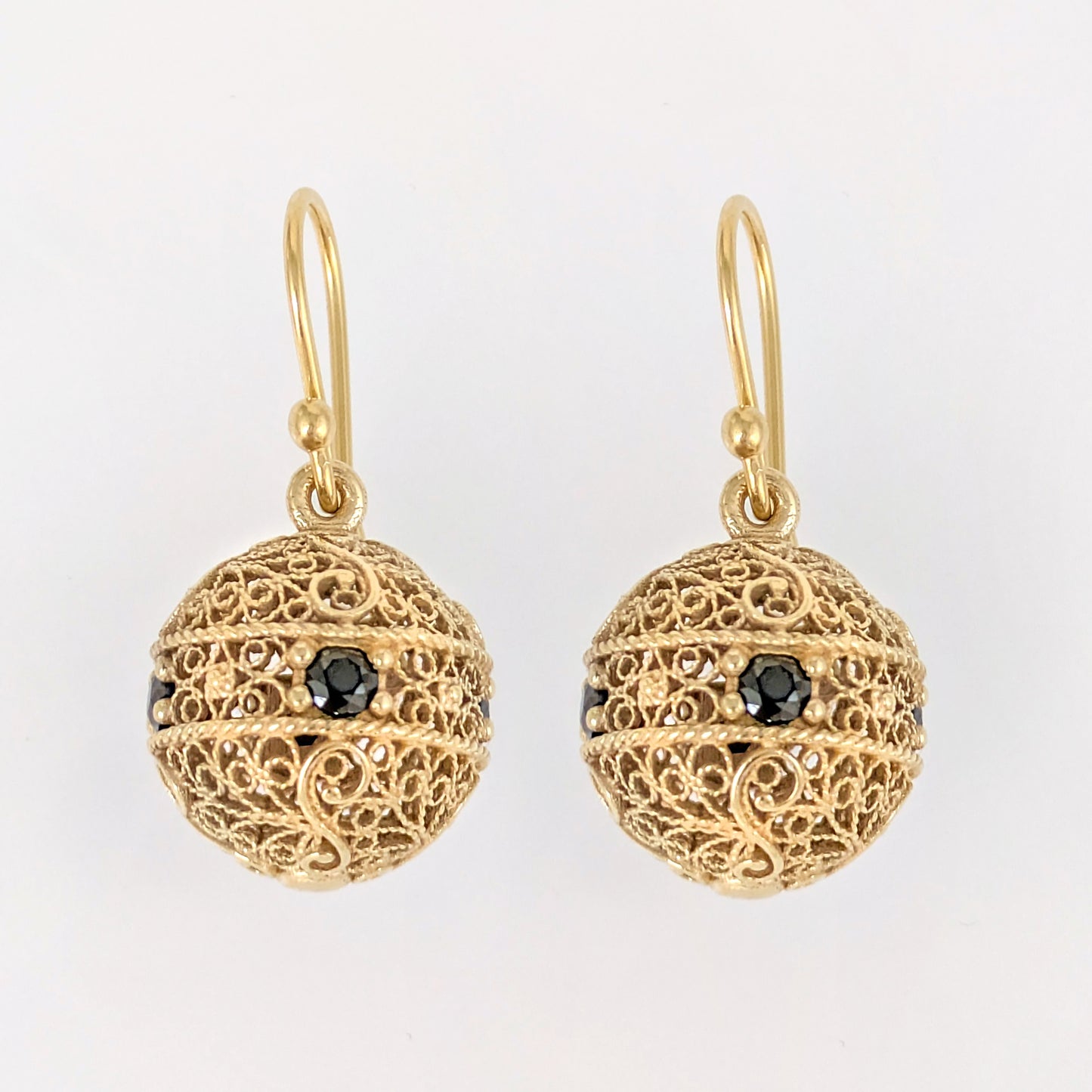 Scrollwork Ball Earrings with Black Spinels