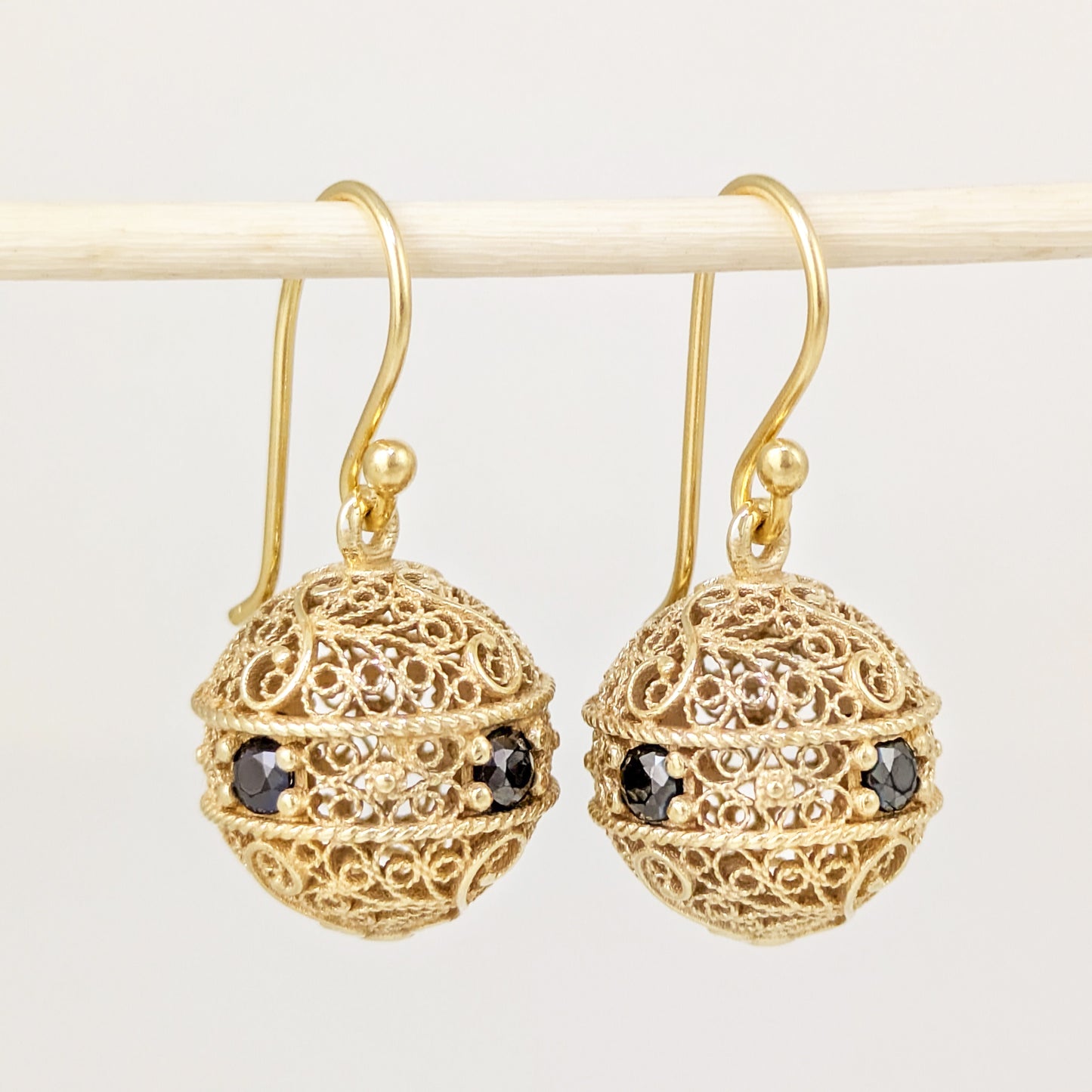 Scrollwork Ball Earrings with Black Spinels