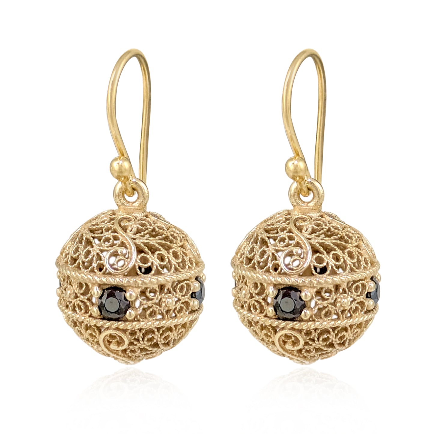 Scrollwork Ball Earrings with Black Spinels