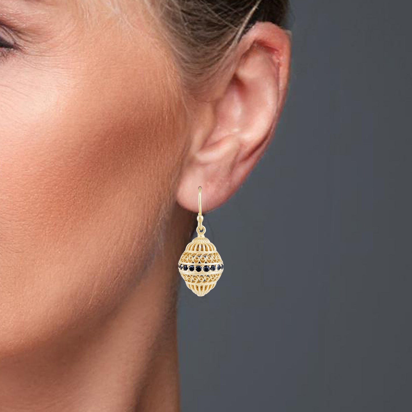 Filigree Drop Earrings with Black Spinel
