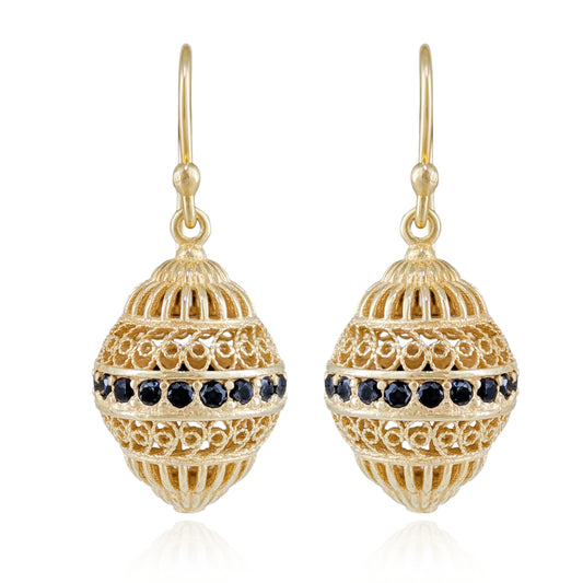 Filigree Drop Earrings with Black Spinel