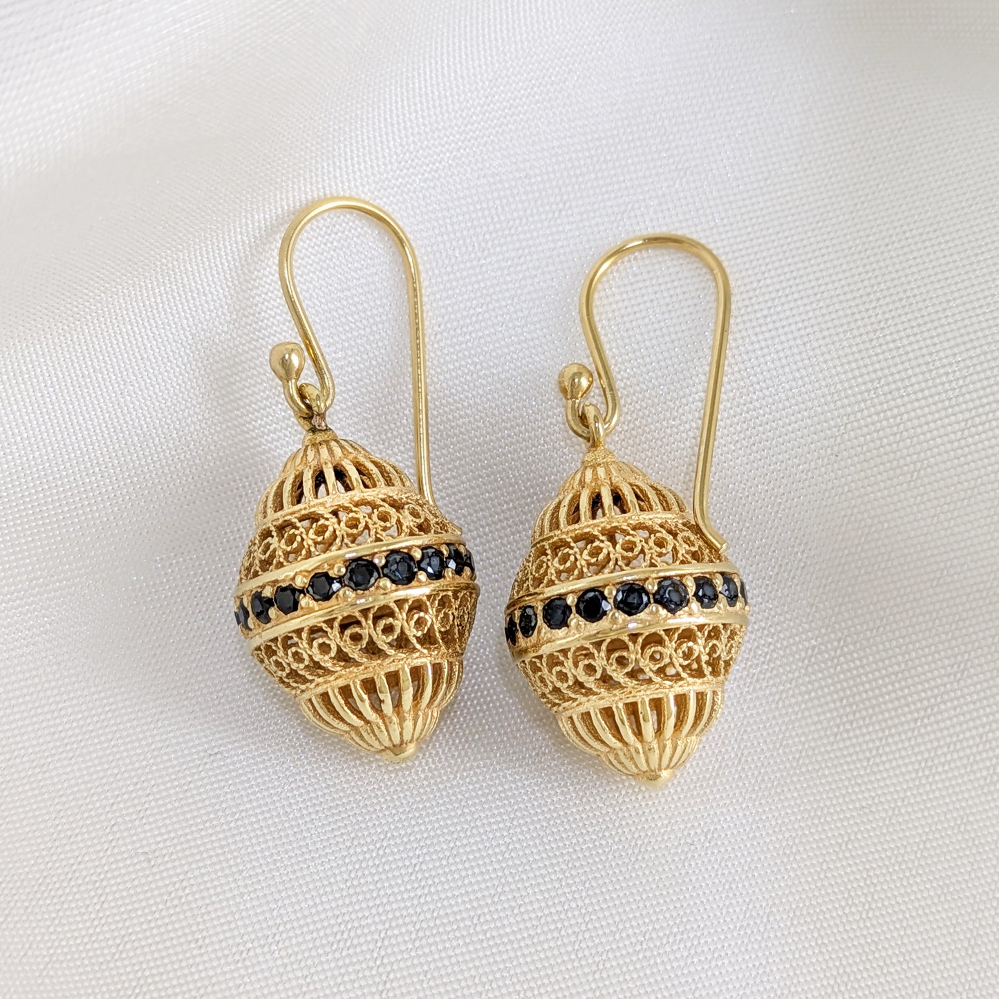 Filigree Drop Earrings with Black Spinel