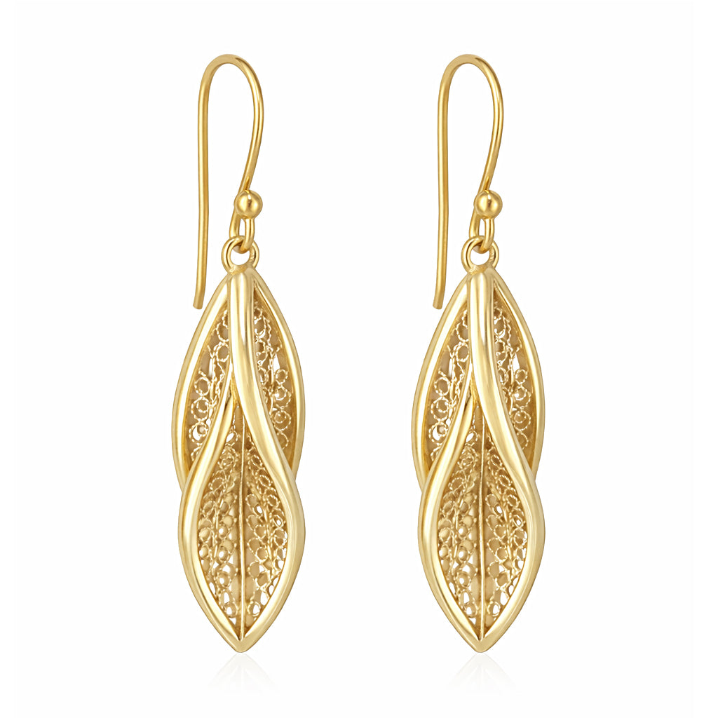 Leaf Filigree Drop Earrings Gold Openwork Jewelry