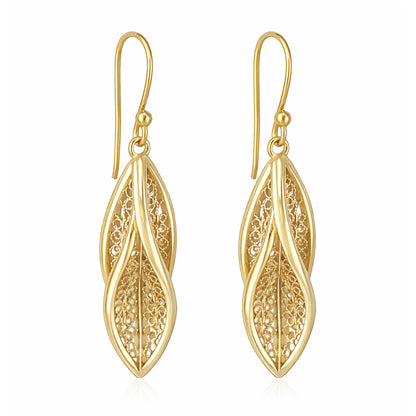 Leaf Filigree Drop Earrings Gold Openwork Jewelry