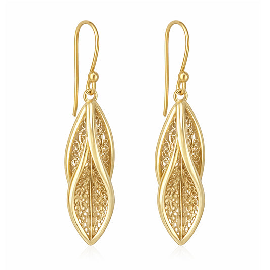 Leaf Filigree Drop Earrings Gold Openwork Jewelry