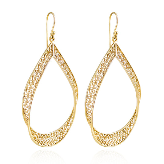 Elegant Gold Teardrop Filigree Earrings – Handcrafted Artisan Statement Dangles