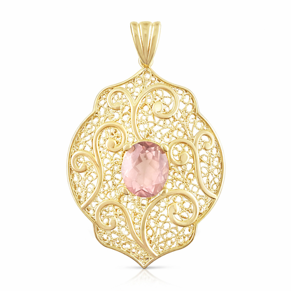 Filigree Pendant with Morganite-Colored Quartz – 10x14mm Gemstone