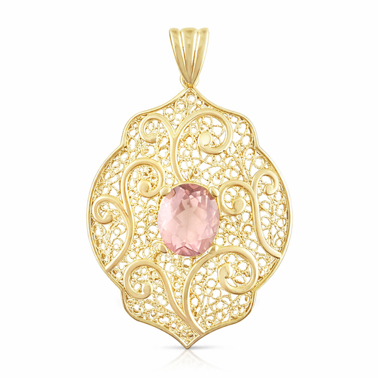 Filigree Pendant with Morganite-Colored Quartz – 10x14mm Gemstone