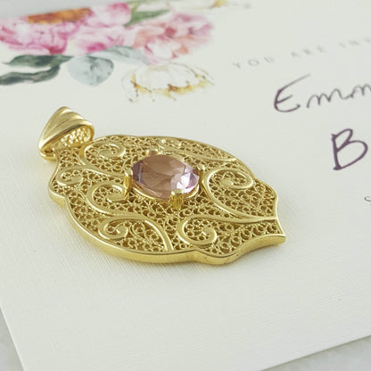 Filigree Pendant with Morganite-Colored Quartz – 10x14mm Gemstone - TurkishBling