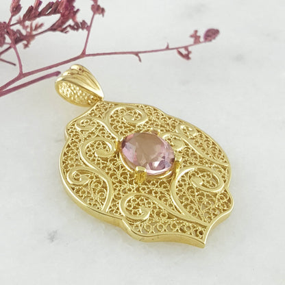 Filigree Pendant with Morganite-Colored Quartz – 10x14mm Gemstone - TurkishBling
